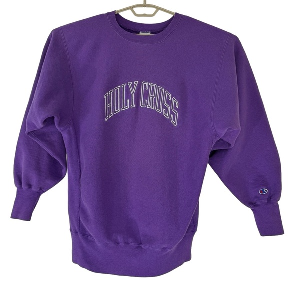 Champion Reverse Weave Sweatshirt Vintage USA Holy Cross School Crew neck Purple - Picture 2 of 15